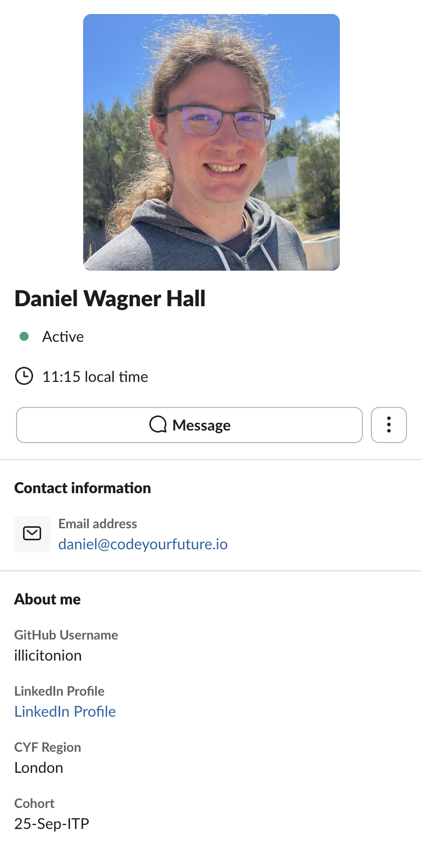 Filled-in Slack profile